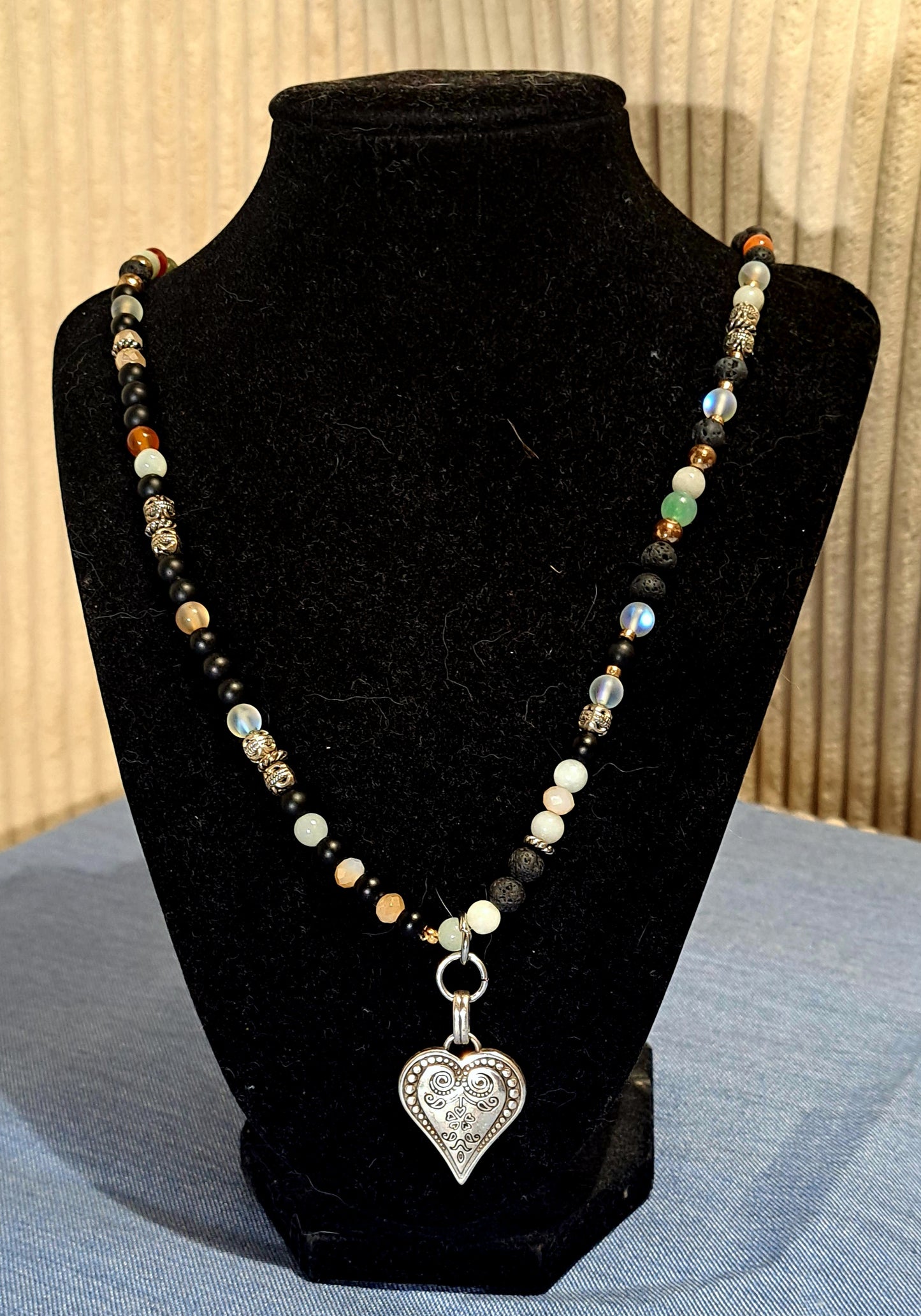 Ladies stretch multi beaded necklace with large heart charm
