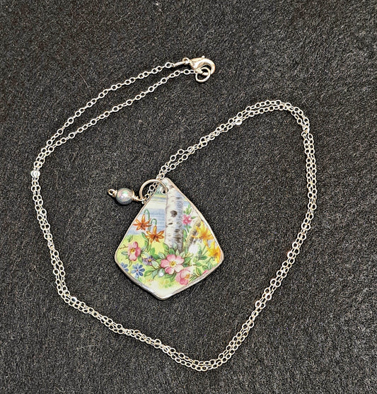 Broken China Birch Tree pendant Necklace on silver