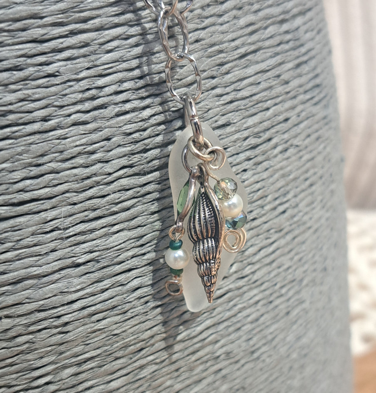 Horse eye stainless steel chain with sea glass and shell charm necklace