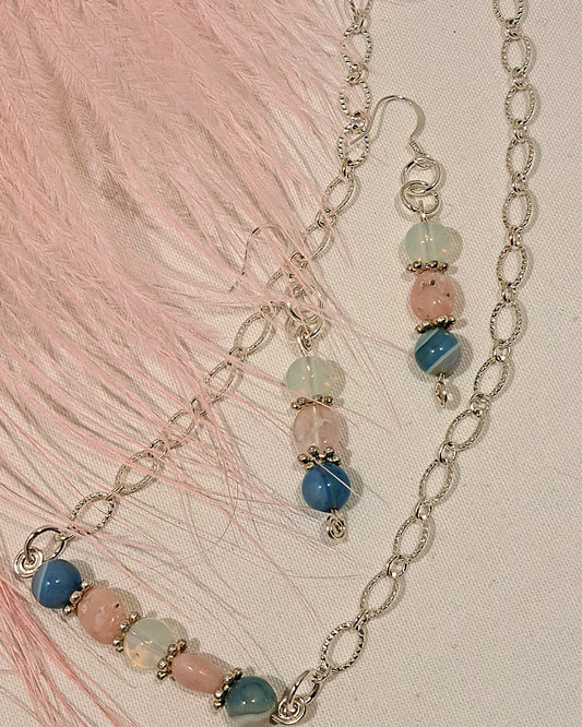Ladies Free form opal  striped blue agate and moon stone necklace and earring set.