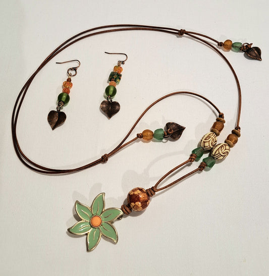 Adjustable leather and green enamel flower necklace and earrings