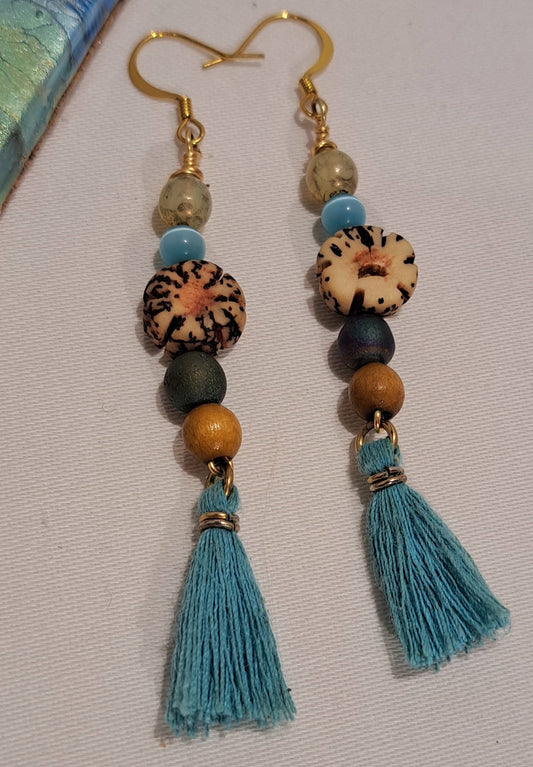 Tassel hippy style earring with split nut and druzy's.