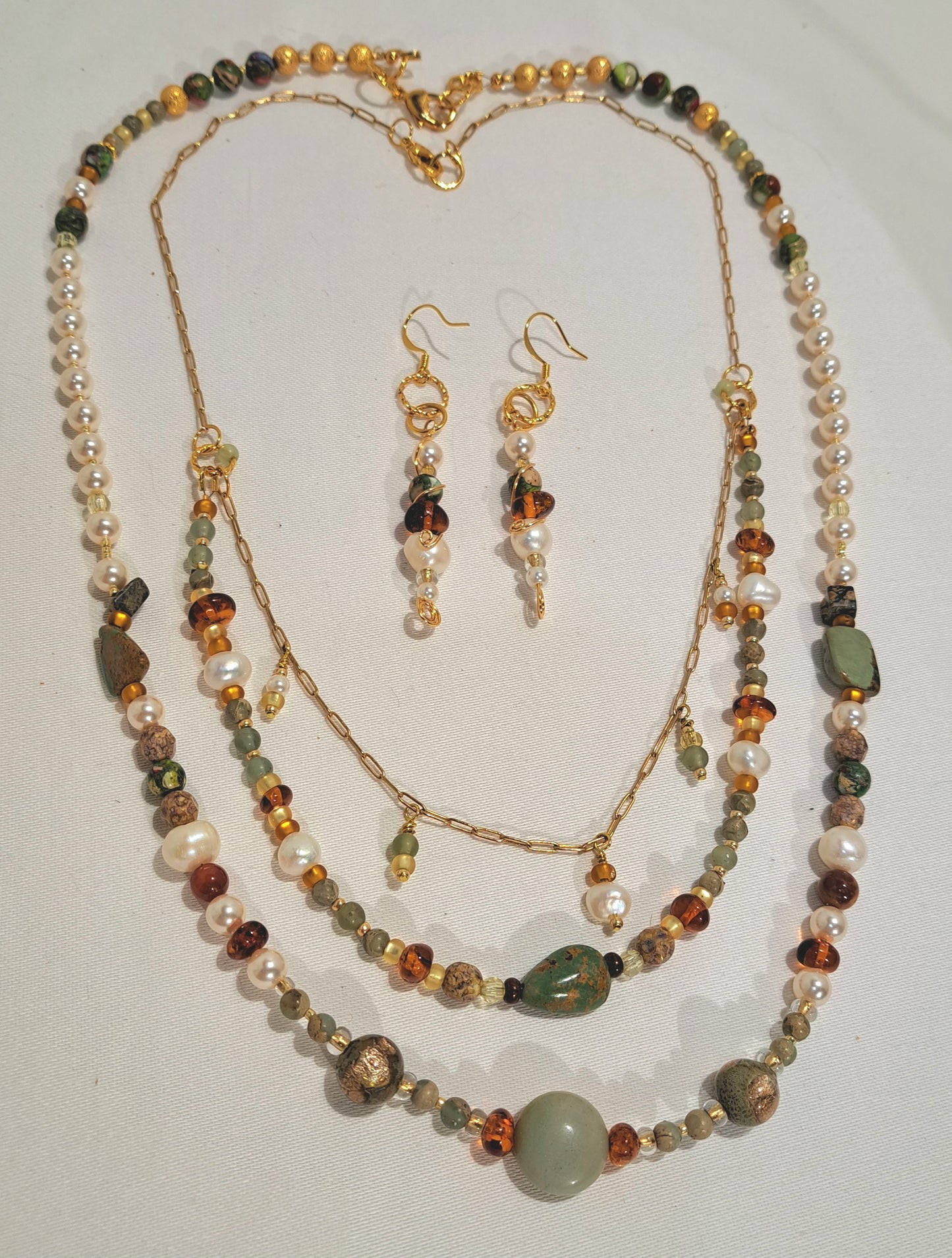Layered Pearl, jasper, carnelian and vintage beaded necklaces and earring set