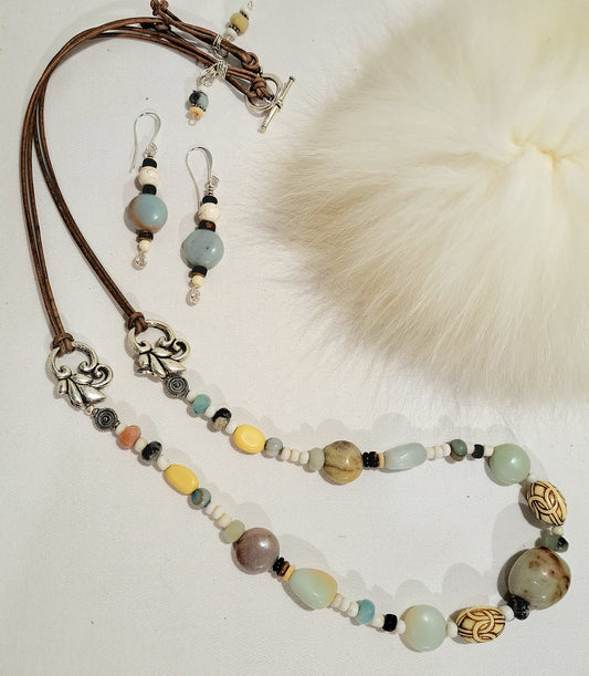 Amazonite and leather necklace and earring set