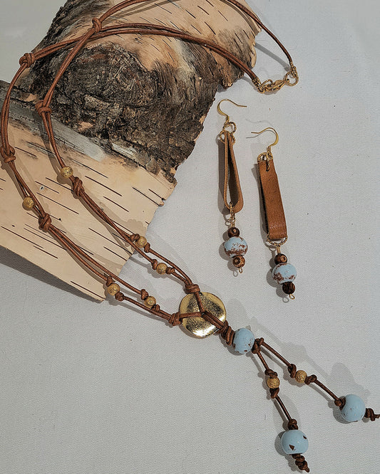 Greek Pueblo  and natural leather necklace and earring set