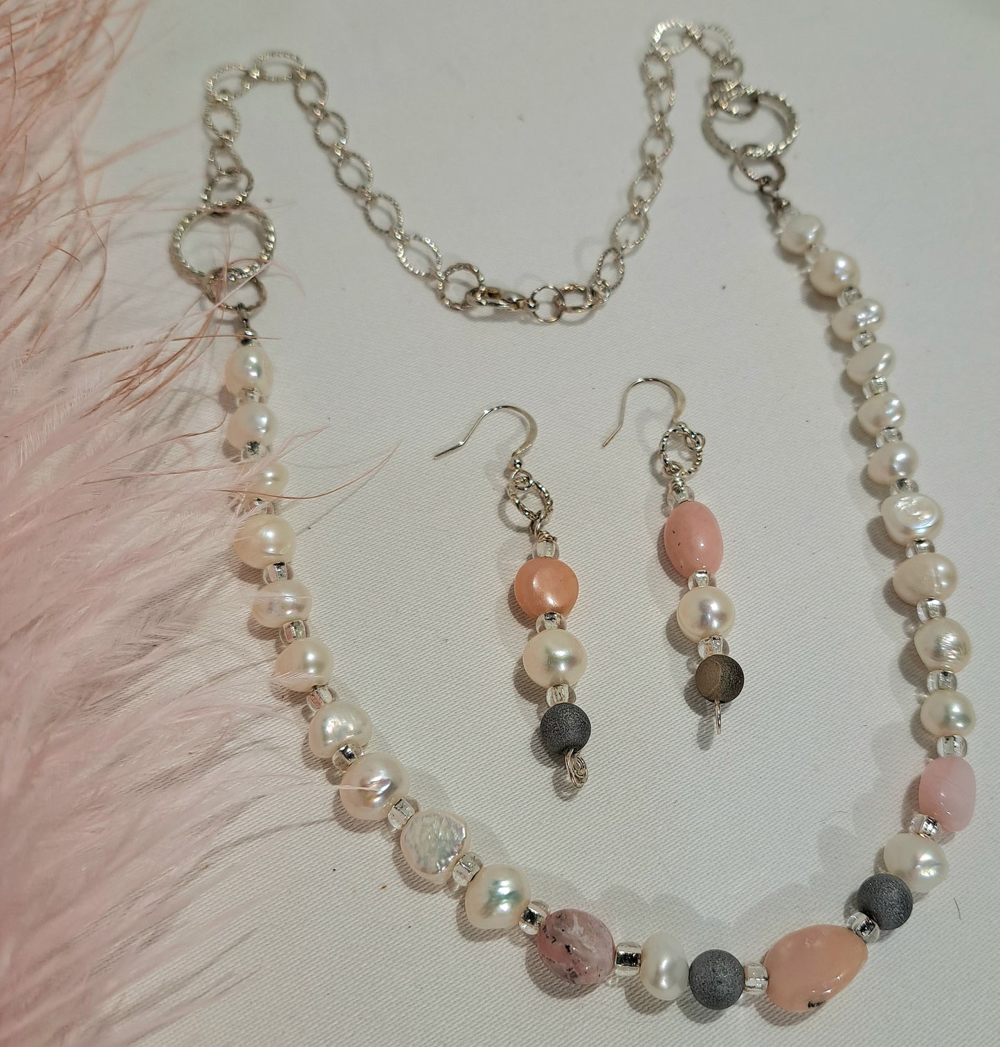 Fresh water potato pearl and pink tumbled opal necklace and earring set
