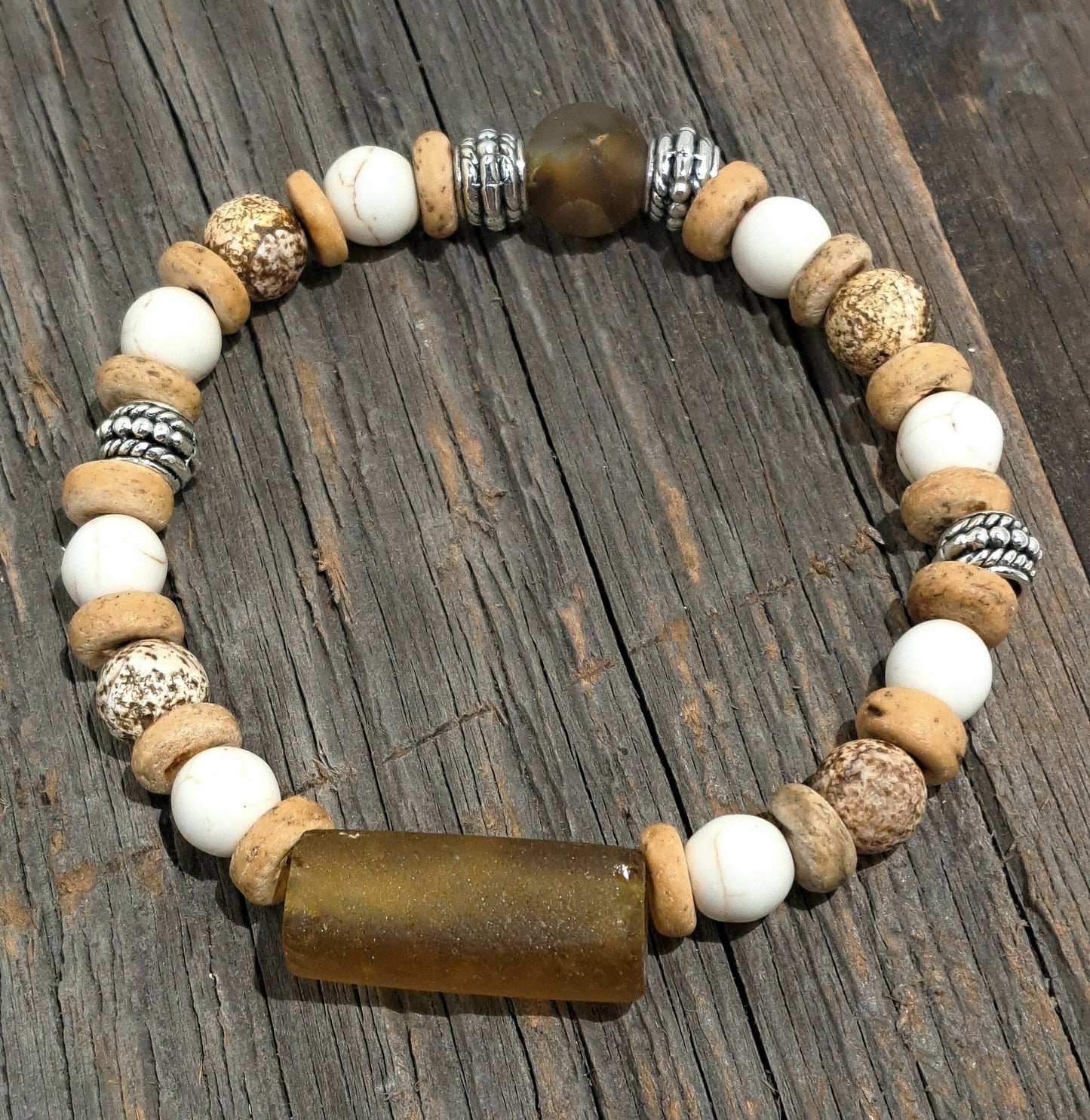 Mens Stretch Bracelet of Howlite and African Glass.