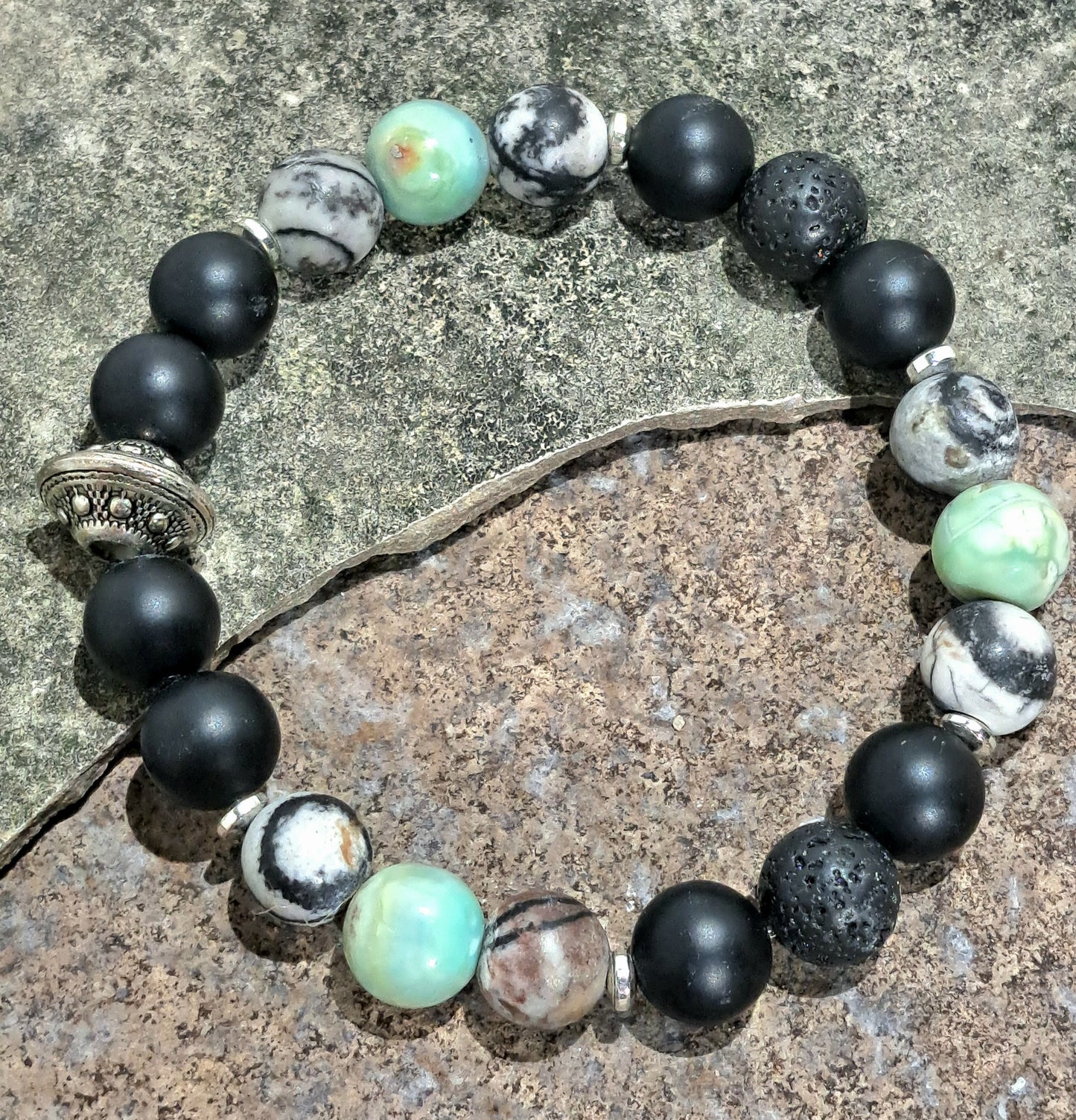 Mens Stretch bracelet of Lava/black Onyx,water jasper and Terra Verde agate