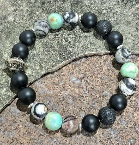 Mens Stretch bracelet of Lava/black Onyx,water jasper and Terra Verde agate