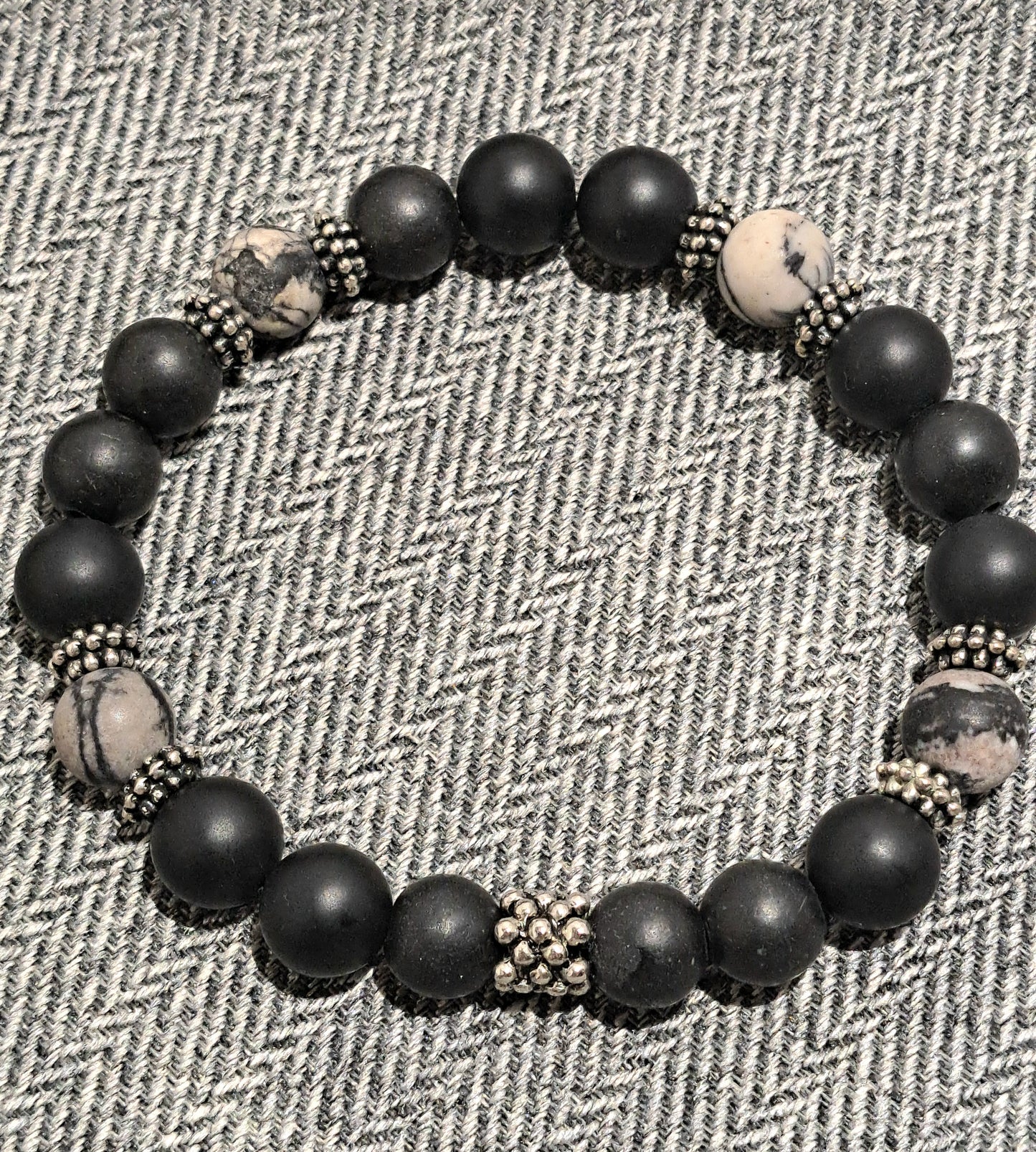 Mens stretch black onyx and water jasper bracelet