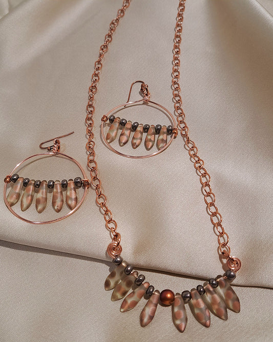 Czech Glass Latte etched leaf pendant Necklace and hoop earrings set.