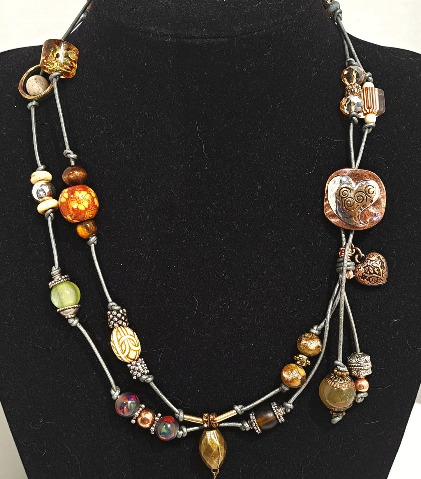 CRAZY CHAIN Grey leather with copper heart focal and mixed beads