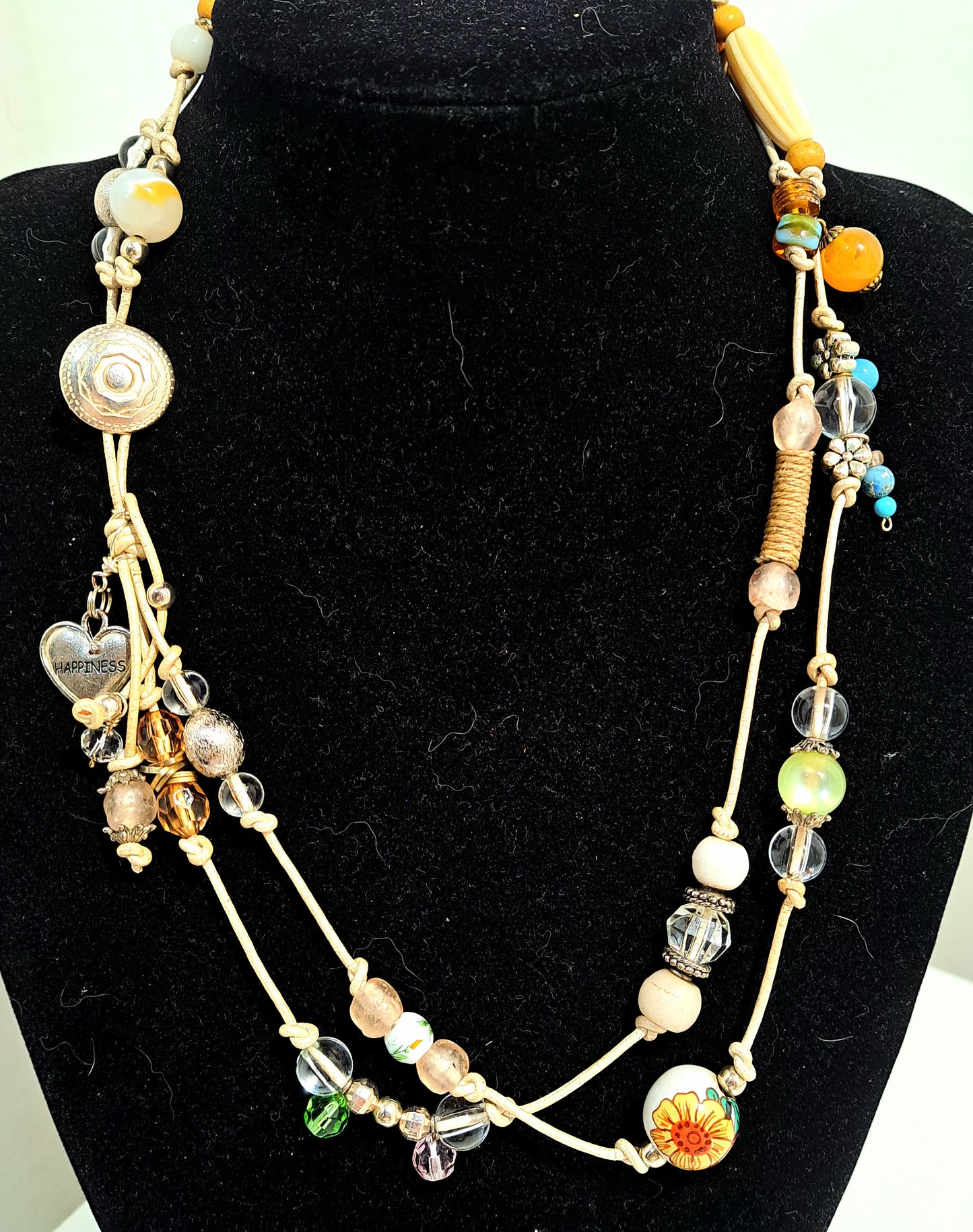 CRAZY CHAIN Necklace and bracelet Ivory leather and mixed beads Bohemian inspired
