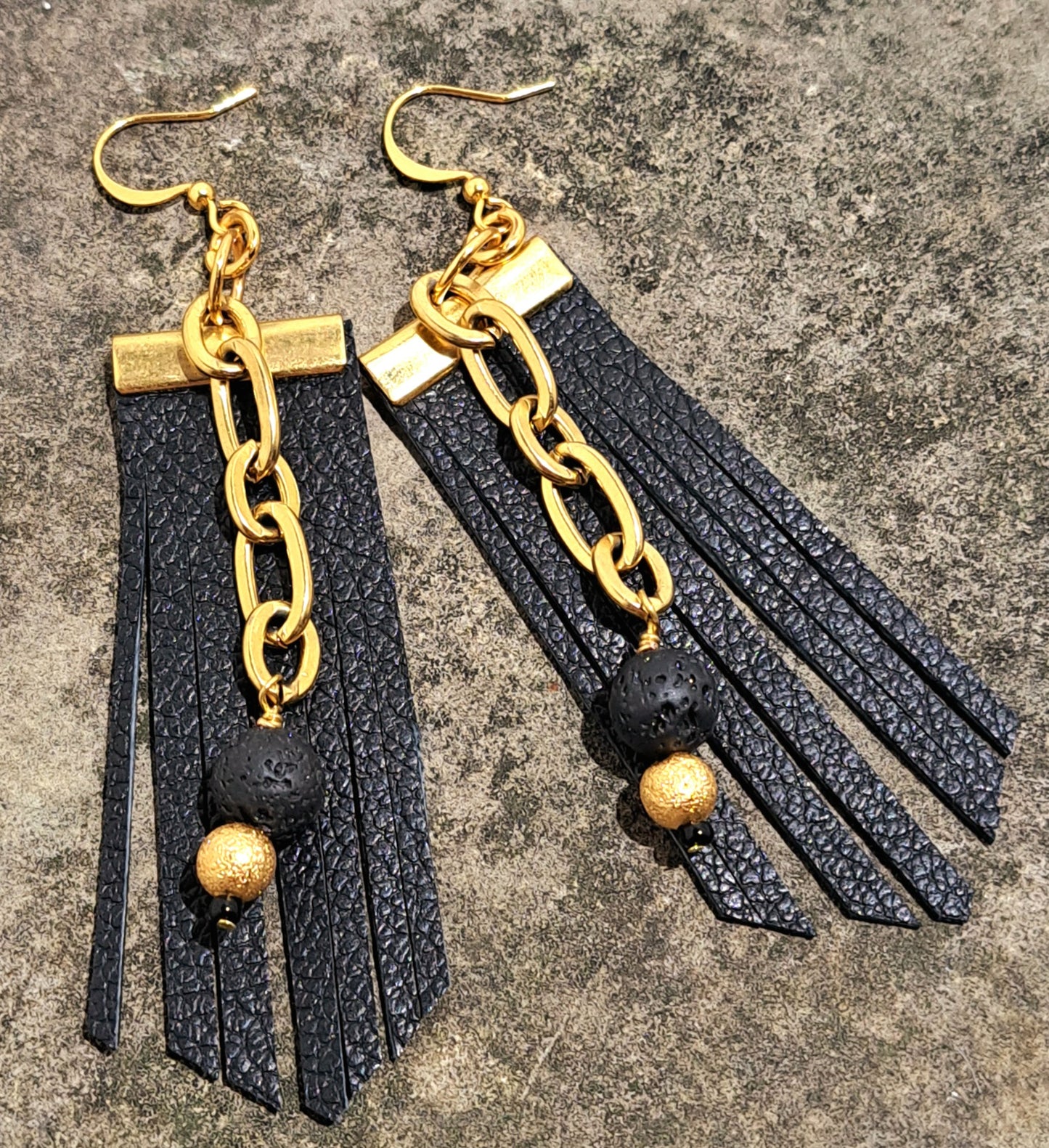 Black leather and gold chain fringe earrings