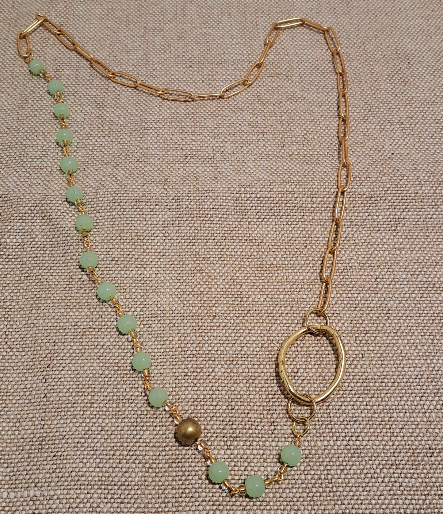 Brushed gold paperclip chain necklace with pale green jade beads