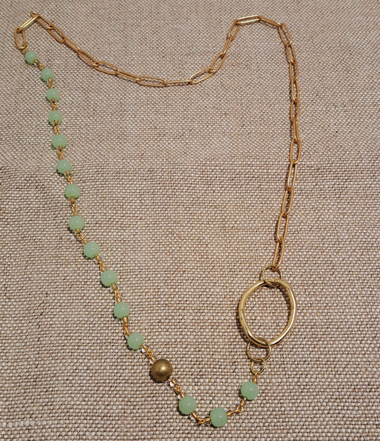 Brushed gold paperclip chain necklace with pale green jade beads