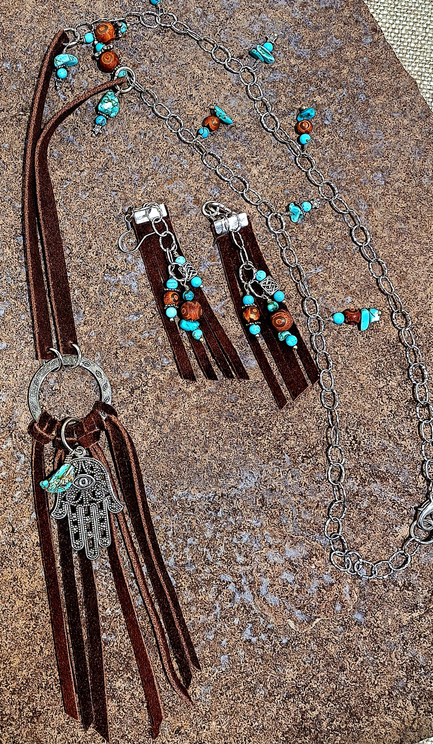 Ladies brown suede and steel necklace and earring set with turquoise and Tibetan agate
