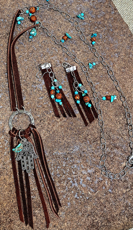 Ladies brown suede and steel necklace and earring set with turquoise and Tibetan agate