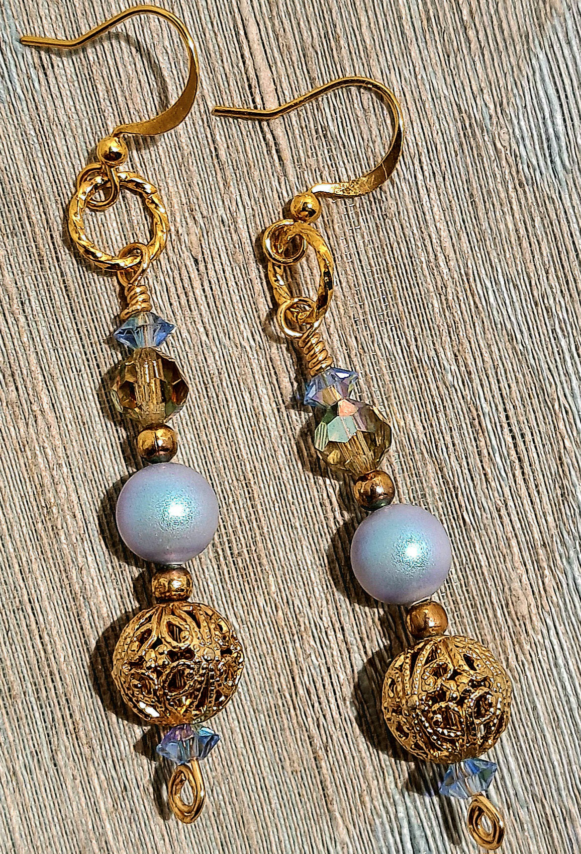 Ladies dangle Swarovski blue pearl earrings with vintage gold beads