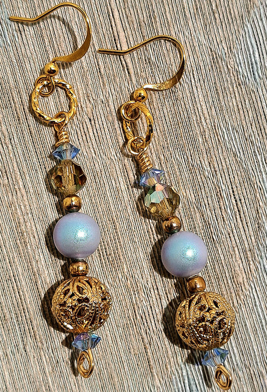Ladies dangle Swarovski blue pearl earrings with vintage gold beads