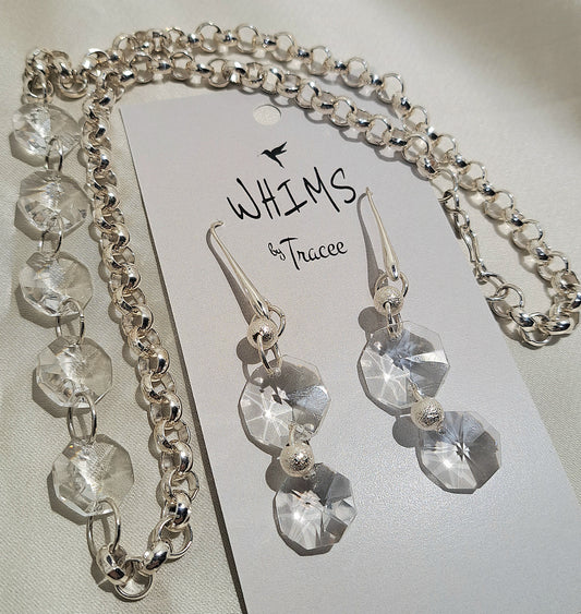 Ladies Crystal chandelier necklace on rollo silver chain and coordinating earrings set.