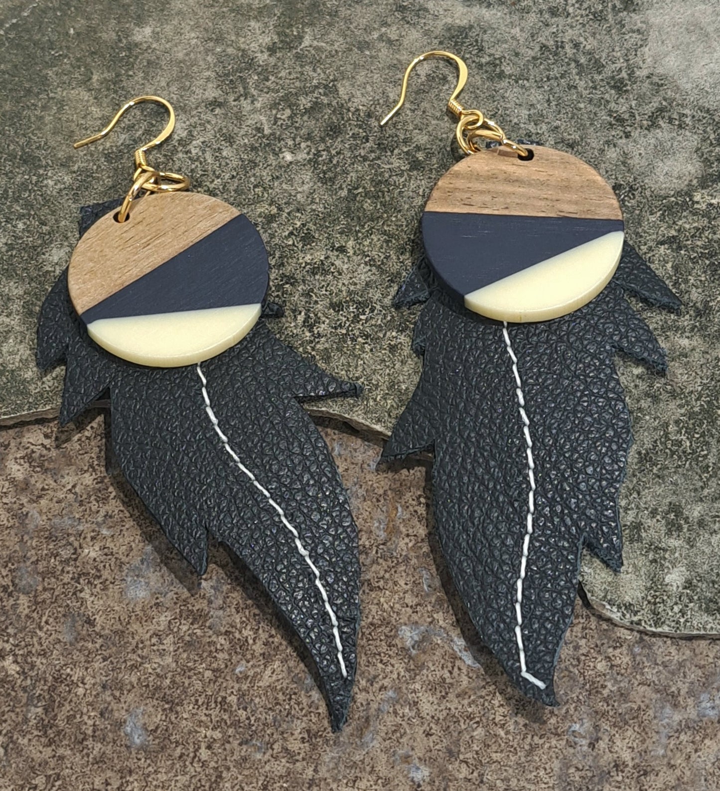 Ladies Black Leather Leaf earring with acetate and wood disc
