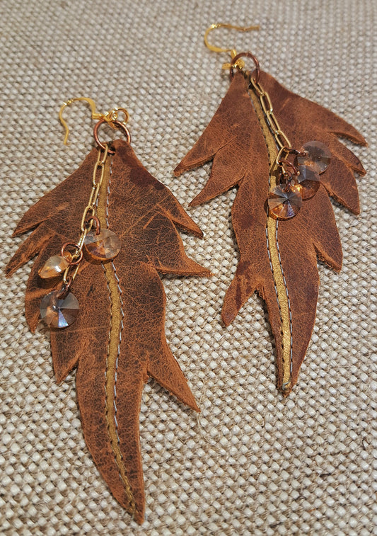 Ladies genuine distressed leather leaf earring and vintage crystal dangle