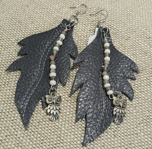 Ladies grey leather leaf earring with grey and ivory and Owl focal