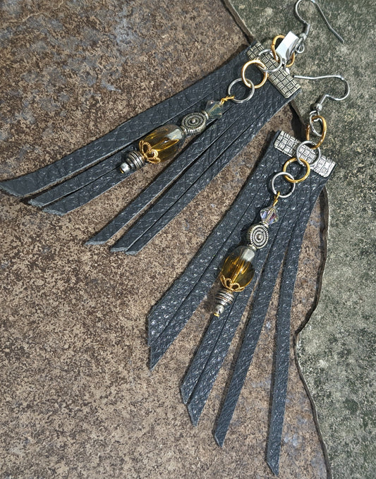 Ladies grey leather fringe earring with vintage gold and grey glass bead