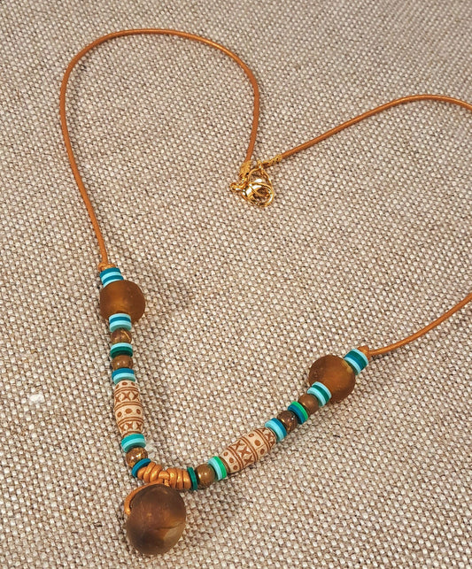 Ladies bronze leather string necklace with turquoise and African glass