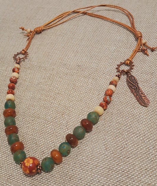 Ladies adjustable bronze string leather necklace with African glass and agate beads