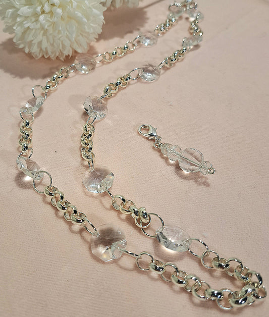 Ladies silver rollo chain and crystal chandelier glass beaded necklace.