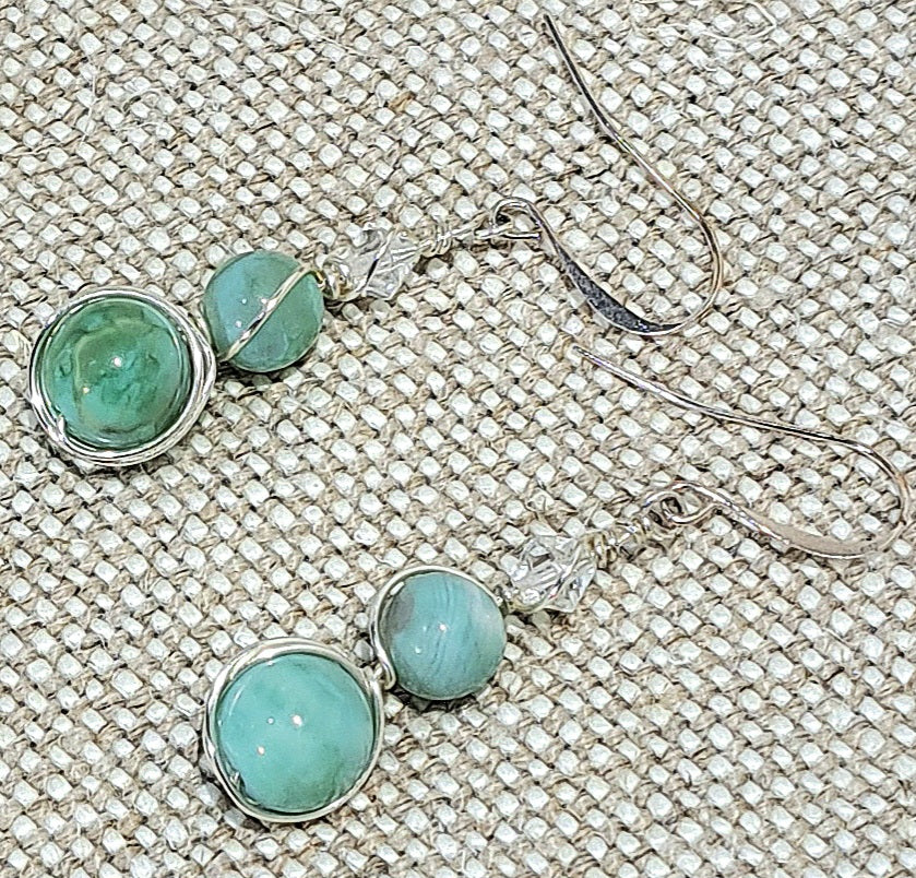 Ladies wire wrapped double bead earrings with Verde Terra Agate on silver.