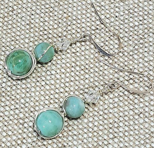 Ladies wire wrapped double bead earrings with Verde Terra Agate on silver.