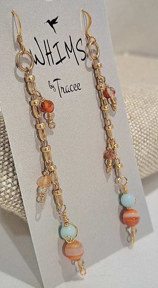 Ladies brushed gold chain dangle earrings with carnelian and sea green jade.