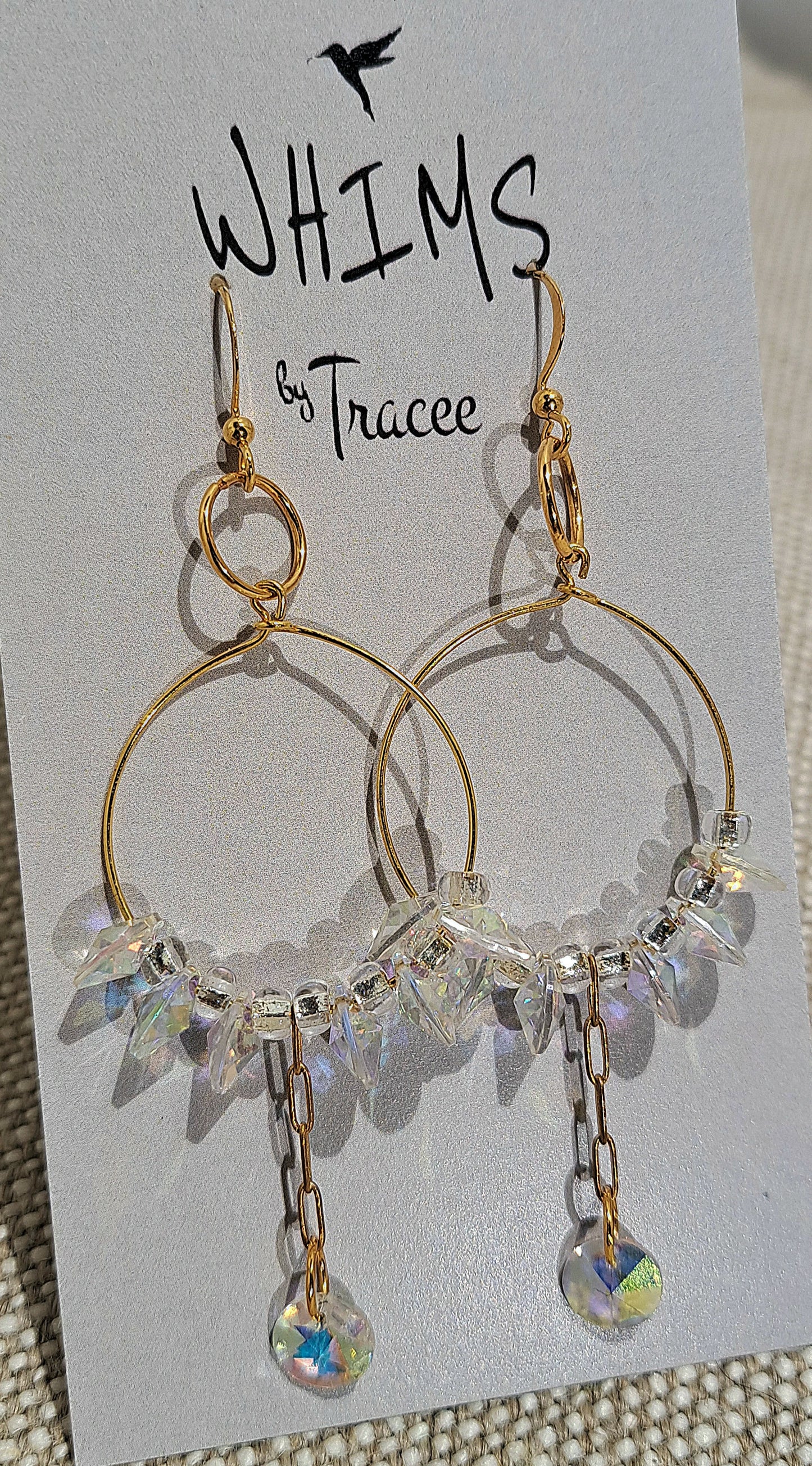 Ladies 1" gold hoops with vintage crystal discs.