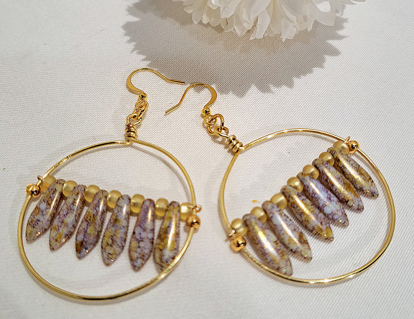 Ladies 2" gold plated hoop earrings with Czech glass drops