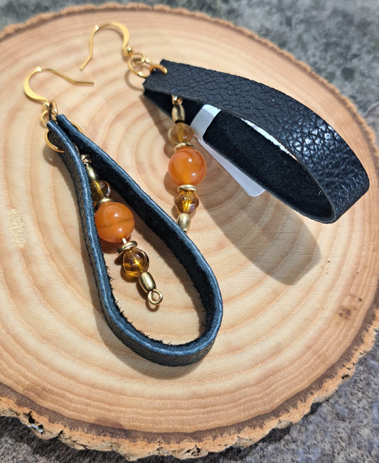 Ladies black leather loop earrings with Carnelian and brass.