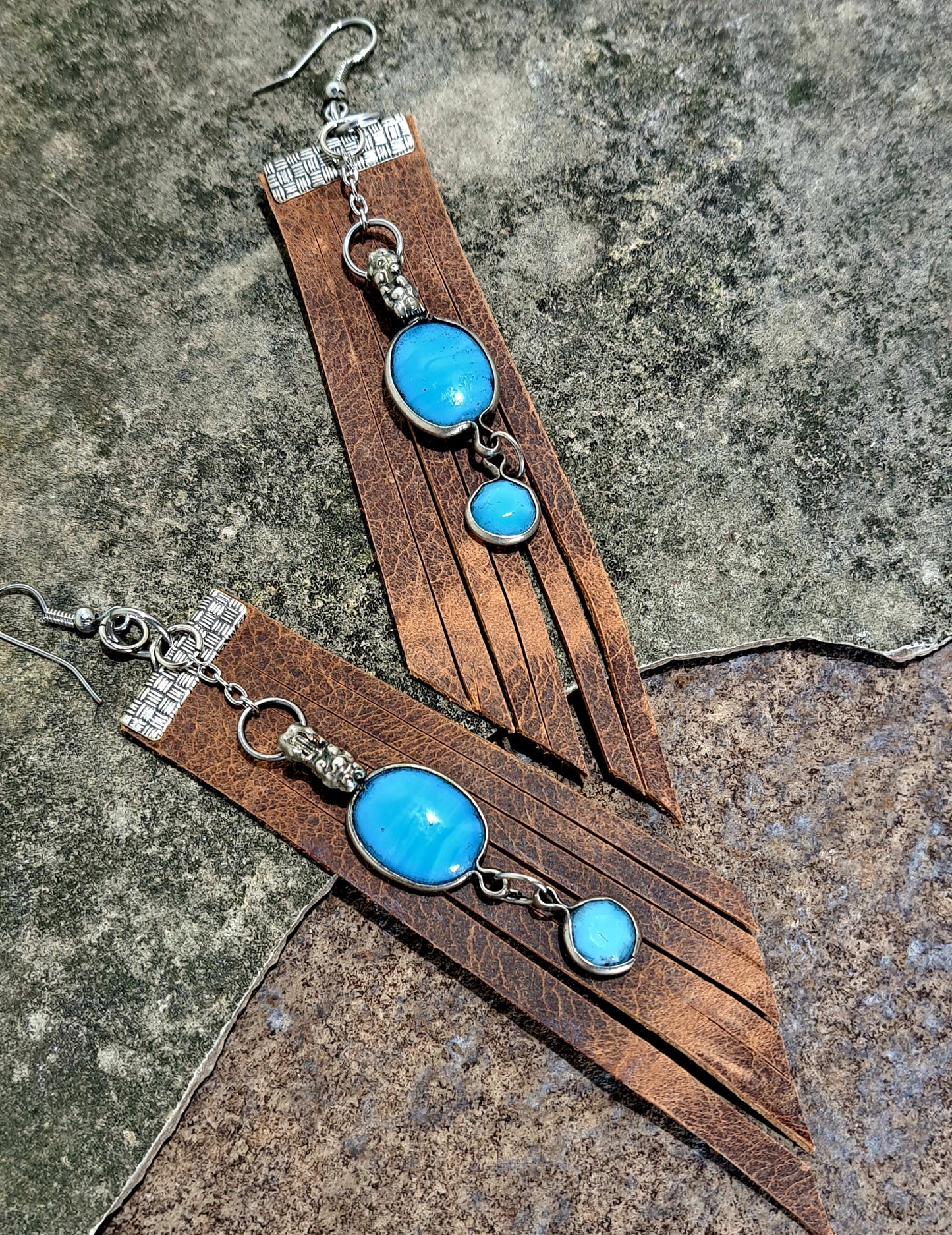 Ladies distressed brown leather fringe earrings with vintage blue glass.