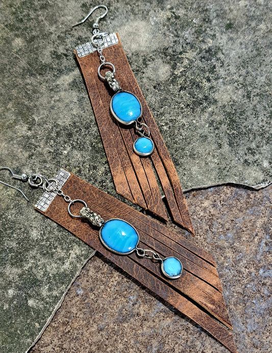 Ladies distressed brown leather fringe earrings with vintage blue glass.