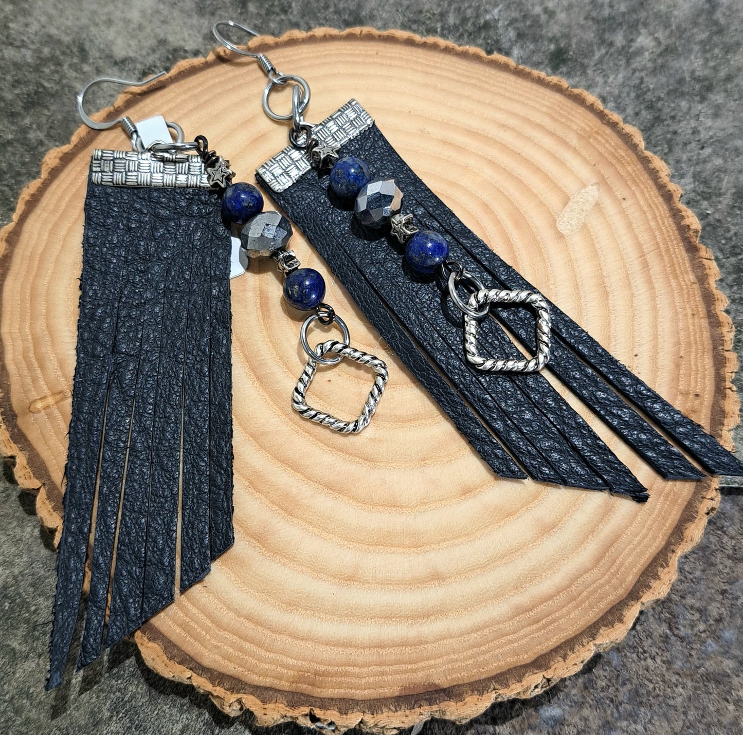 Ladies navy leather fringe earrings  with Lapis lazuli and faceted grey glass.