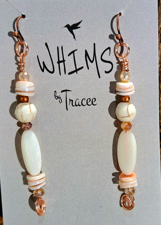 Ladies rose gold earrings with mother of pearl and abalone shell heishi beads.