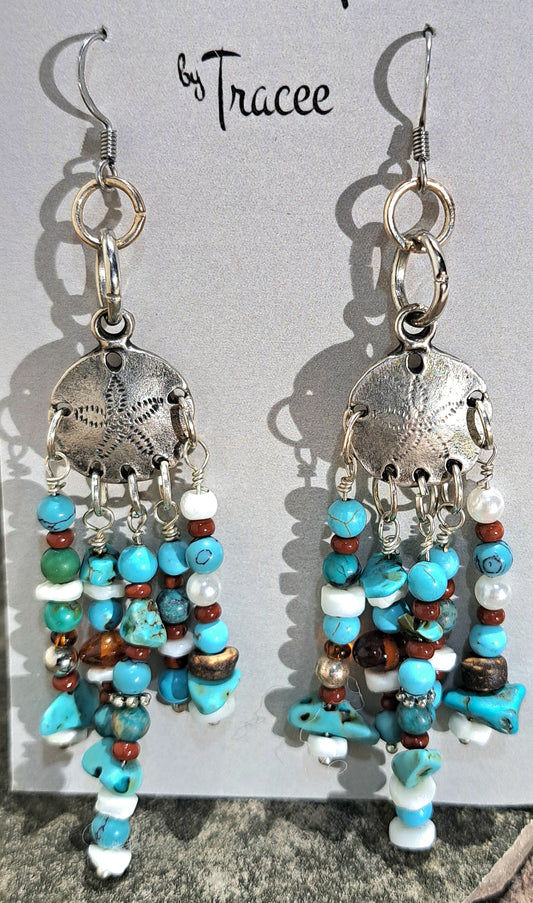 Ladies Sand Dollar steel earrings with Turquoise chips.