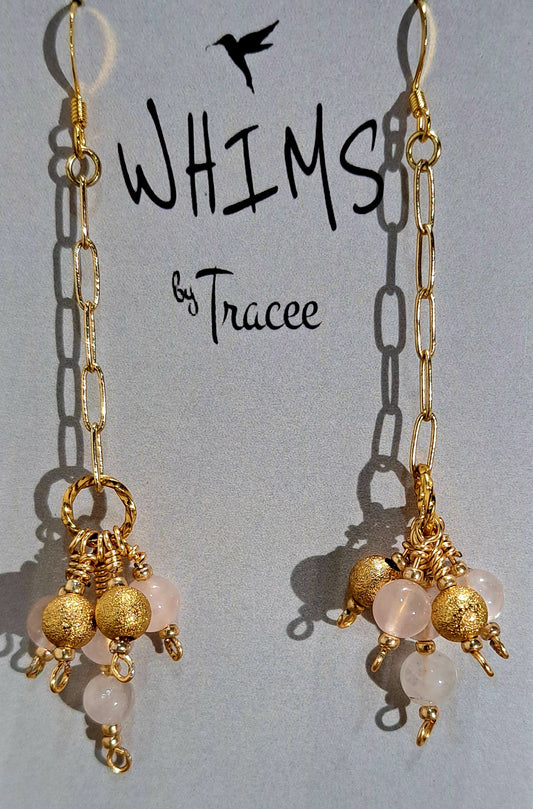 Ladies Gold paperclip chain earrings with pink Quartz and gold balls.
