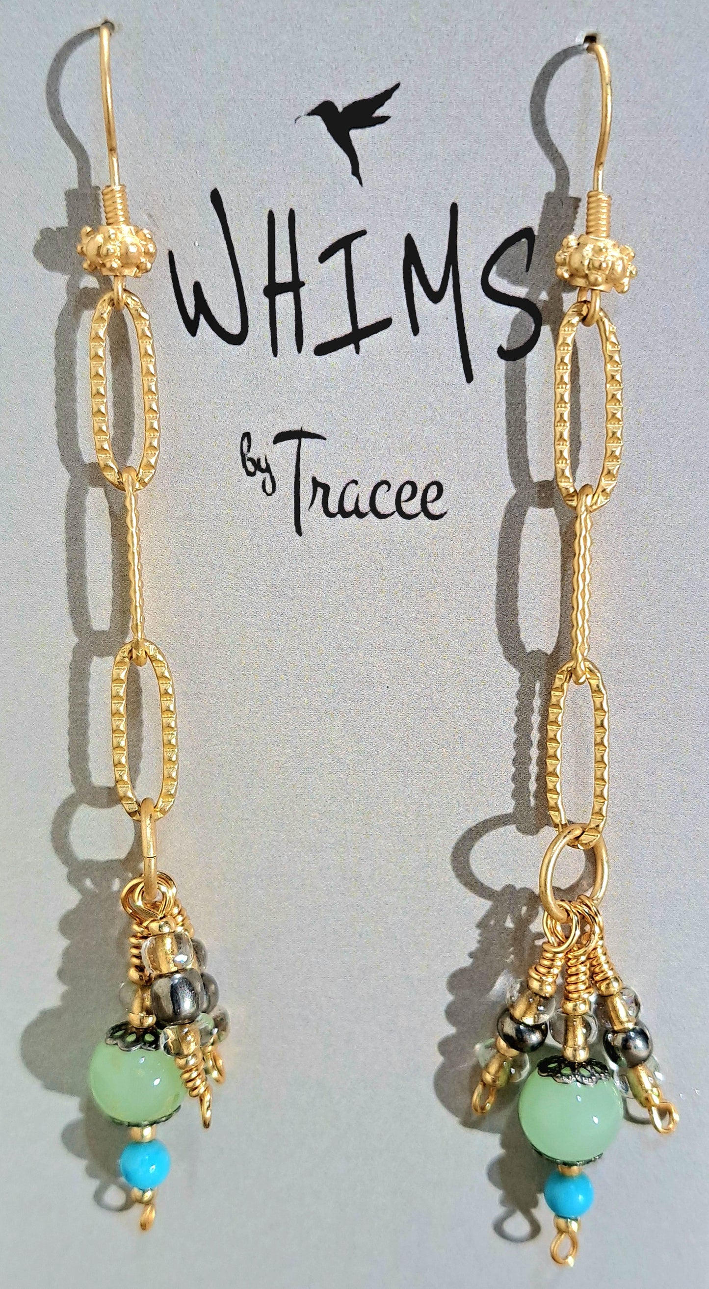 Ladies etched paperclip dangle earrings with sea green jade.