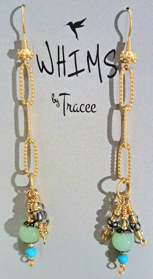 Ladies etched paperclip dangle earrings with sea green jade.