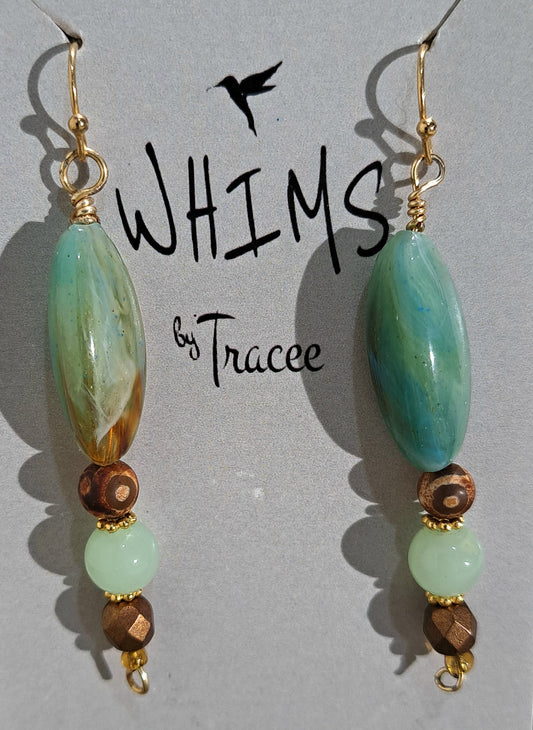 Watercolour green glass beads with sea green jade and Tibetan agate earrings.