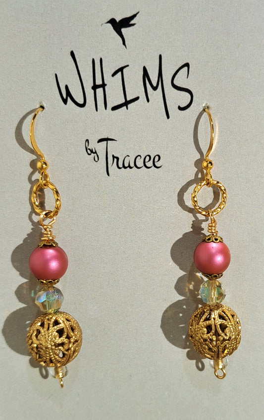 Vintage etched gold bead with pink Swarovski pearl earrings