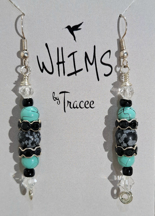 Ladies snowflake obsidian and turquoise howlite bead earrings.