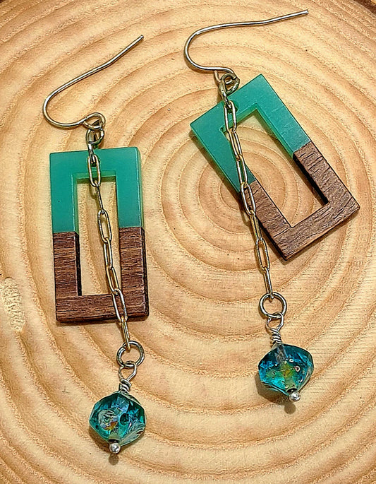 Ladies green acetate and walnut rectangular earrings with chain and bead dangle.